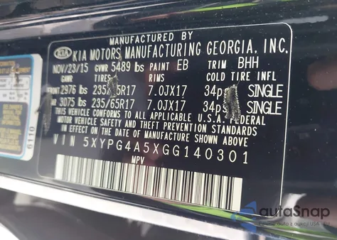 2016 Kia Sorento 3.3L Lx z USA, uszkodzony, nr VIN 5XYPG4A5XGG140301